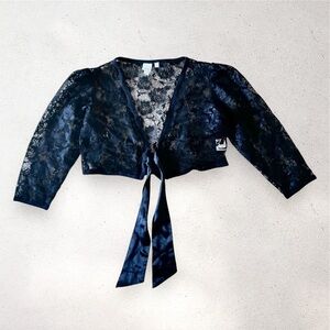 Shushu Black Lace Silk Blend Tie Front Bolero Shrug, Size M